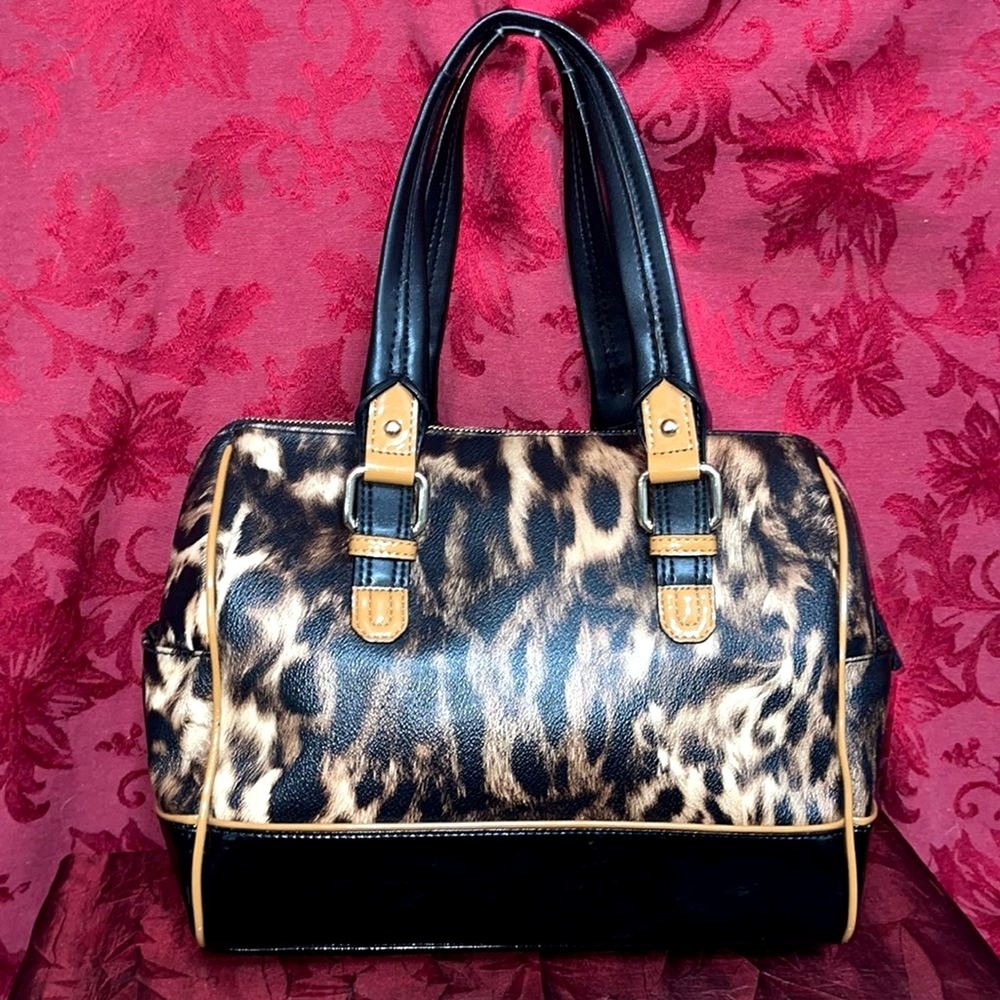 Calvin Klein Leopard Print Satchel Bag Black Patent Trim Gold Hardware Handbag